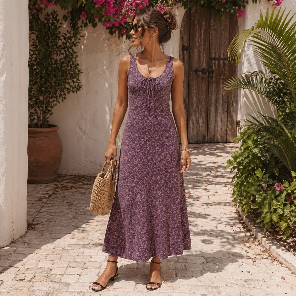 Toad&Co Womens Purple Floral Tencel Organic Cotton Maxi Dress XS Sleeveless Tie